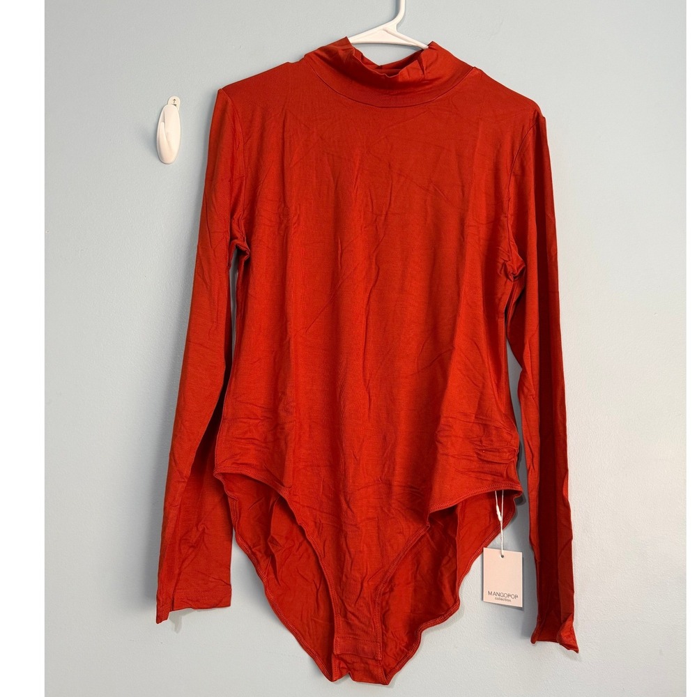 Mangopop XXL Mock Neck Long Sleeve Bodysuit Burnt Orange Rust 1665